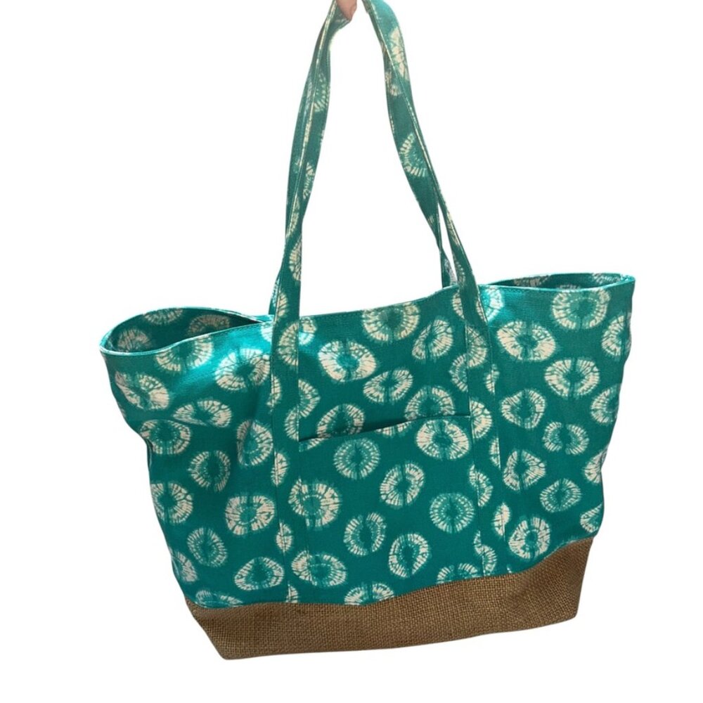 calypso st barth turquoise shibori tie dyed straw burlap tote bag